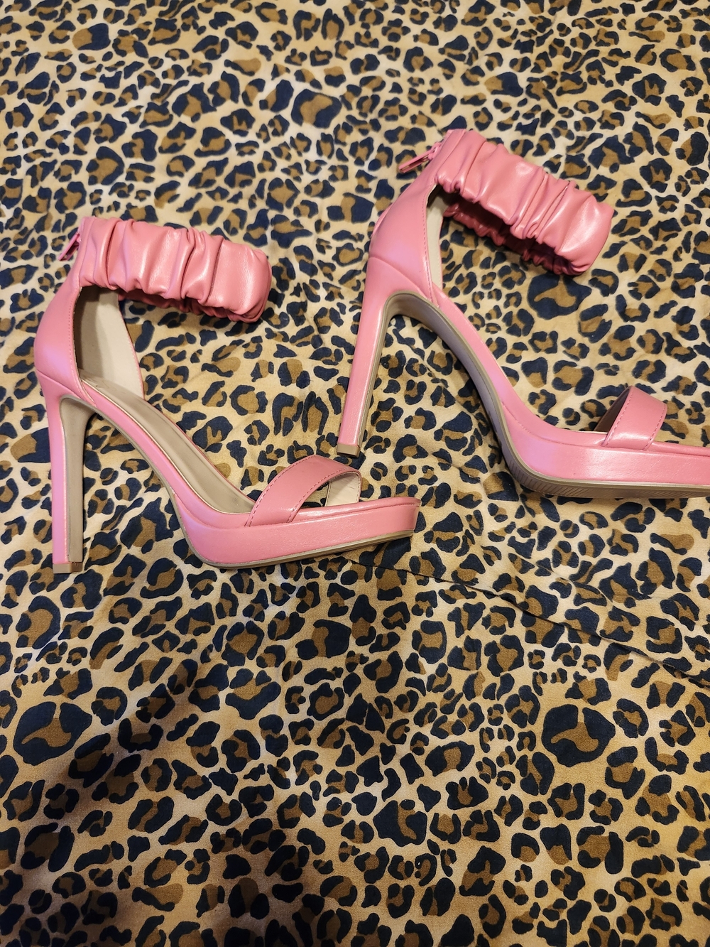 Pink High Heel Platform Sandals with Ruched Ankle Strap
